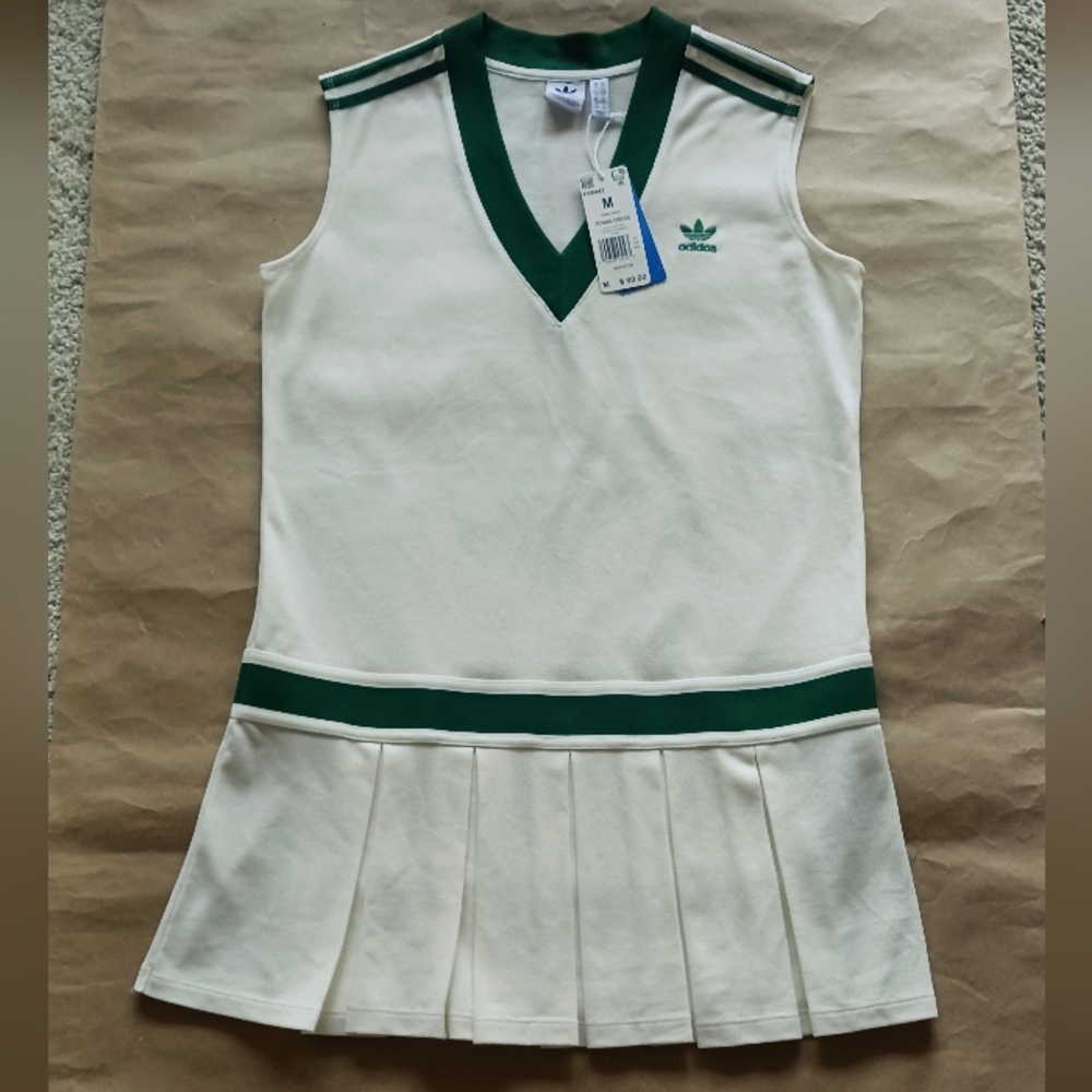 NWT Adidas Originals Tennis Pleated V Neck Cream Green Tennis Dress Medium